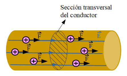 Trozo de conductor ampliado, en él se indican seis cargas positivas que se mueven en igual sentido que el campo. Se indica una sección transversal del conductor.
