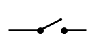 símbolo del interruptor abierto, línea con un punto en uno de los extremos, del cual sale otra línea inclinada y a continuación otra línea que comienza con un punto.