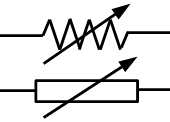 dos símbolos para resistor variable: un conjunto de líneas en zig zag o un rectángulo, ambos con una flecha que los atraviesa.