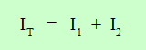 Ecuación de la ley de los nudos, la intensidad total es igual a la intensidad 1 más la intensidad 2.