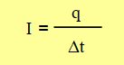Ecuación, la intensidad de corriente es igual al cociente entre la carga que atraviesa una sección transversal de conductor dividido el tiempo.