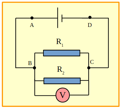 Circuito con dos resistores en paralelo entre sí y a una pila. En los extremos del resistor 2 se ha conectado un voltímetro.