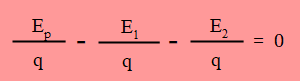Ecuación, energía que aporta la pila por unidad de carga menos energía transformada en el resistor 1 por unidad de carga menos la energía transformada en el resistor 2 por unidad de carga es igual a cero.