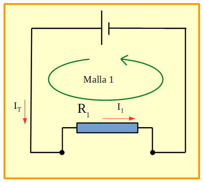 Se muestra el circuito anterior pero se le ha quitado el resistor 2 y se muestra el sentido en que se recorrerá  la malla 1