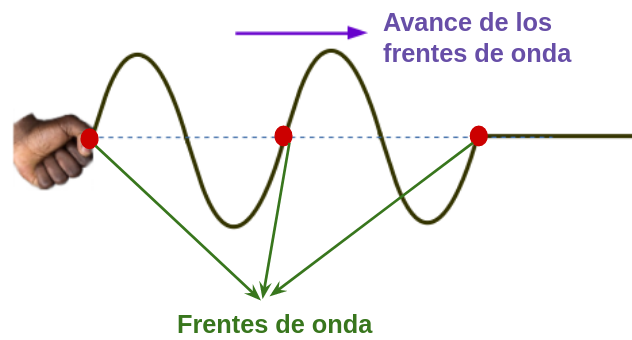 Se muestra el perfil de una cuerda por la que viaja una onda periódica que es agitada en su extremo por una mano, se indica el sentido de propagación de la onda y los puntos que representan el frente de onda
