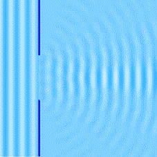 animación que muestra una onda plana propagándose por la superficie de un líquido y se encuentra con una abertura en la cual se difracta.