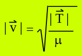 la velocidad de una onda en una cuerda tensa es igual a la raíz cuadrada de la tensión a la que es sometida, dividido entre la densidad lineal de masa de la cuerda.
