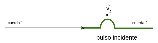 Se representan dos cuerdas unidas, la de la izquierda es negra y se llama cuerda 1, la de la derecha es verde y se llama cuerda 2. En la de la derecha se ha generado un pulso que se propaga hacia la izquierda con velocidad v2 y se le llama pulso incidente.