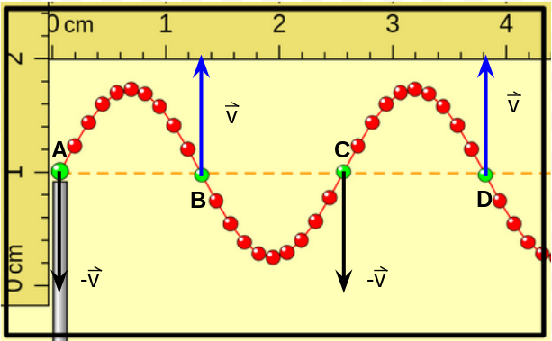 .se muestra una captura del simulador onda en una cuerda, se han indicado los vectores velocidad para los puntos indicados con color verde, cuando éstos se encuentran en la posición de equilibrio, donde el primero de ellos se mueve hacia abajo.