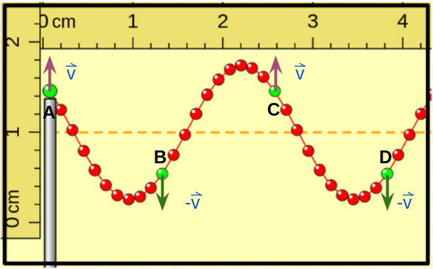 se muestra una captura del simulador onda en una cuerda, se han indicado los vectores velocidad para los puntos indicados con color verde, cuando el primero de ellos se encuentra por  encima de la posición de equilibrio, moviéndose hacia arriba.