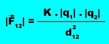 fuerza de la carga uno sobre la dos es igual a una constante por el producto del valor absoluto de las cargas dividido entre el cuadrado de la distancia que separa dichas cargas.