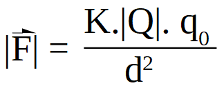 ecuación Ley de Coulomb, la fuerza de interacción entre la carga fuente y la carga de prueba en un punto P,es igual a la constante de Coulomb multiplicada por el valor absoluto del valor de la carga fuente por la carga de prueba, dividido entre la distancia al cuadrado.