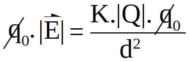 carga de prueba por el módulo del campo eléctrico es igual a la constante de Coulomb por el valor absoluto de la carga fuente por la carga de prueba dividido entre la distancia al cuadrado, se ha simplifcado el valor de la carga de prueba porque está multiplicando a ambos miembros.