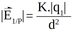 Ecuación campo eléctrico creado por el cuerpo cargado 1 en el punto P es igual a la constante de Coulomb por la carga del cuerpo 1 dividido entre el cuadrado de la distancia entre el cuerpo cargado y el punto P.