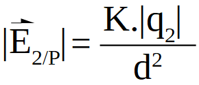 campo eléctrico creado por el cuerpo cargado 2 en el punto P es igual a la constante de Coulomb por el valor de la carga del cuerpo 2 dividido el cuadrado de la distancia entre el cuerpo y el punto P.