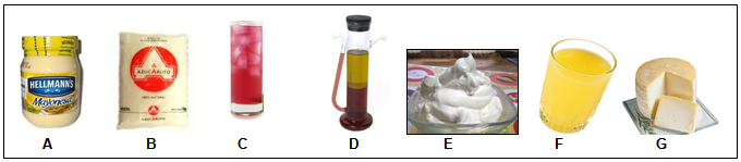 Imagen de frasco de mayonesa, bolsa de azúcar, vaso con refresco con hielo, botella con aceite y vinagre, plato con merengue, vaso con jugo preparado y queso