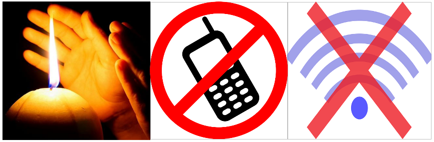 Son tres imágenes, la primera son dos manos calentándose con una vela, la segunda es un teléfono celular debajo de un símbolo de prohibido y la última es un símbolo de wi fi tahcado.
