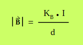 Ecuación: módulo de campo magnético de una corriente rectilínea es igual al producto de la constante magnética por la intensidad de corriente dividido entre la distancia al condutor.
