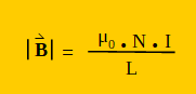 Ecuación: módulo de campo magnético en el interior de un solenoide es igual a mu sub cero por el número de vueltas del solenoide por la intensidad de corriente dividido el largo del solenoide.