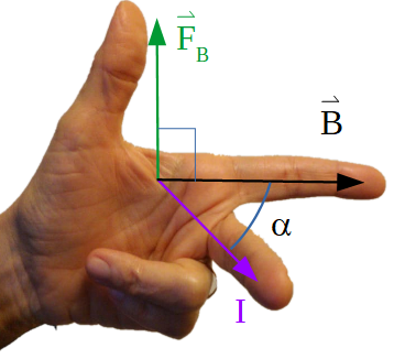 Mano izquierda mostrando la aplicación de la regla que permite determinar la dirección y sentido de la fuerza magnética y el campo magnético y el sentido de la intensidad de corriente por un conductor.