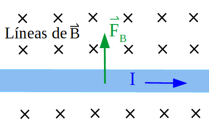 Imagen que muestra una región con un campo magnético entrante a la pantalla, un conductor ubicado horizontalmente con la corriente hacia la izquierda y la fuerza magnética sobre el conductor es vertical hacia arriba.