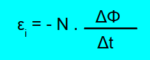 Ecuación de la Ley de Faraday: fem inducida es igual a menos N, número de vueltas del solenoide por el cociente entre la variación de flujo magnético en un intervalo de tiempo.
