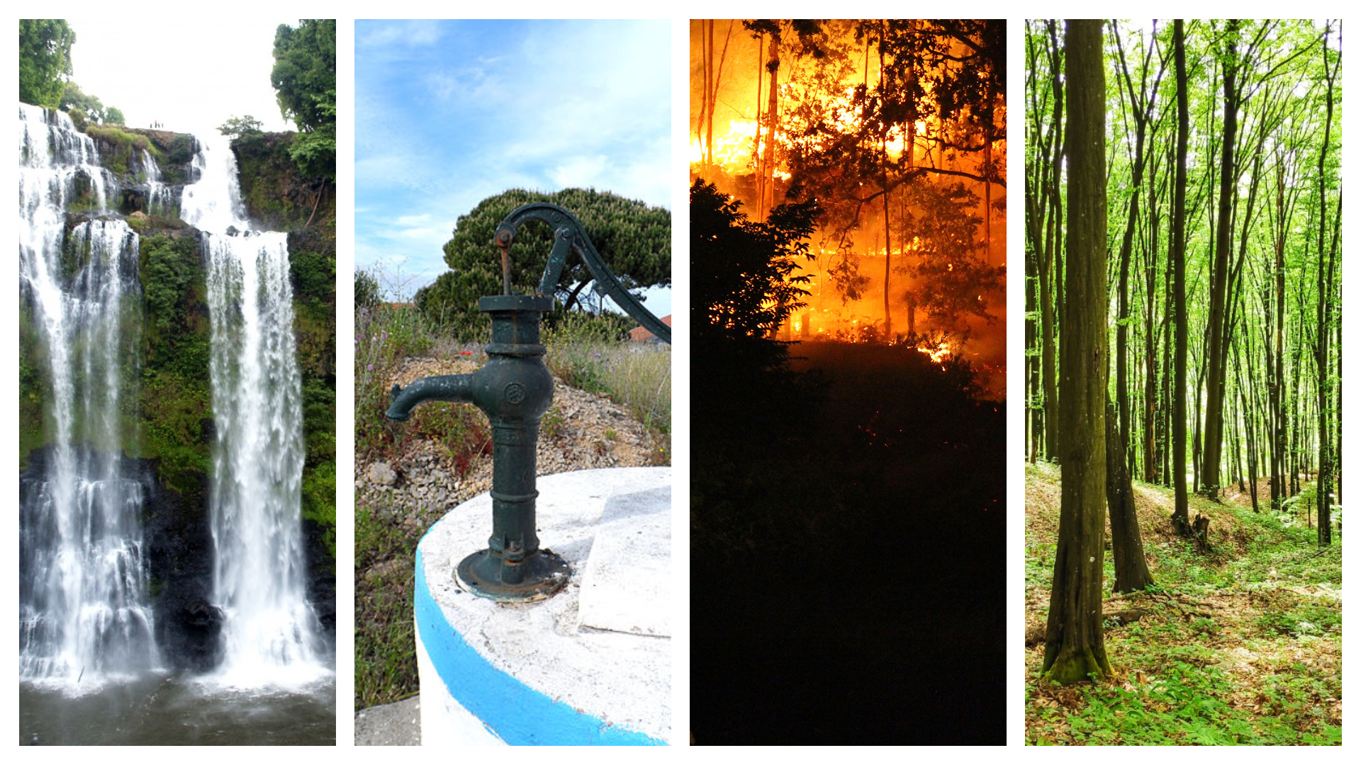 Imagen de una cascada, una bomba de agua, un incendio forestal y un bosque.