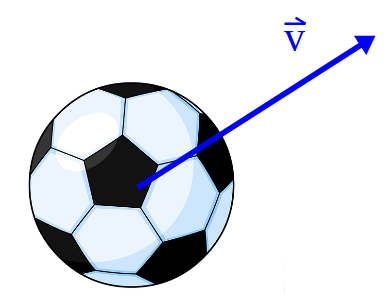 pelota de fútbol con el vector velocidad representado