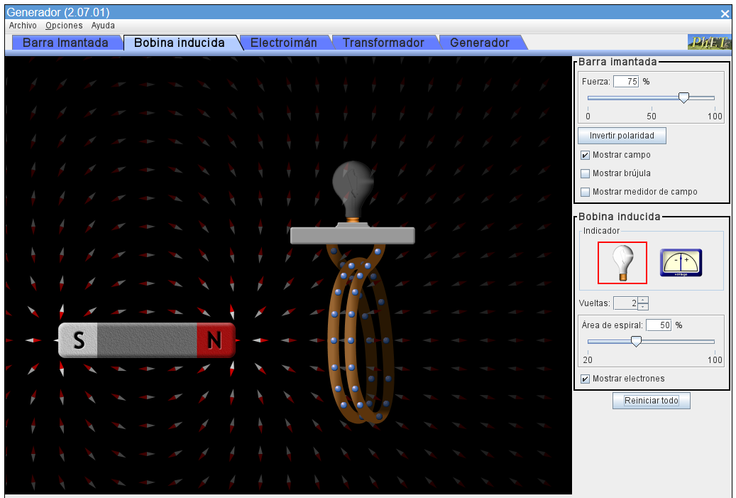 Captura de pantalla del simulador mostrando un imán y una lamparita asociada a una bobina de dos espiras.