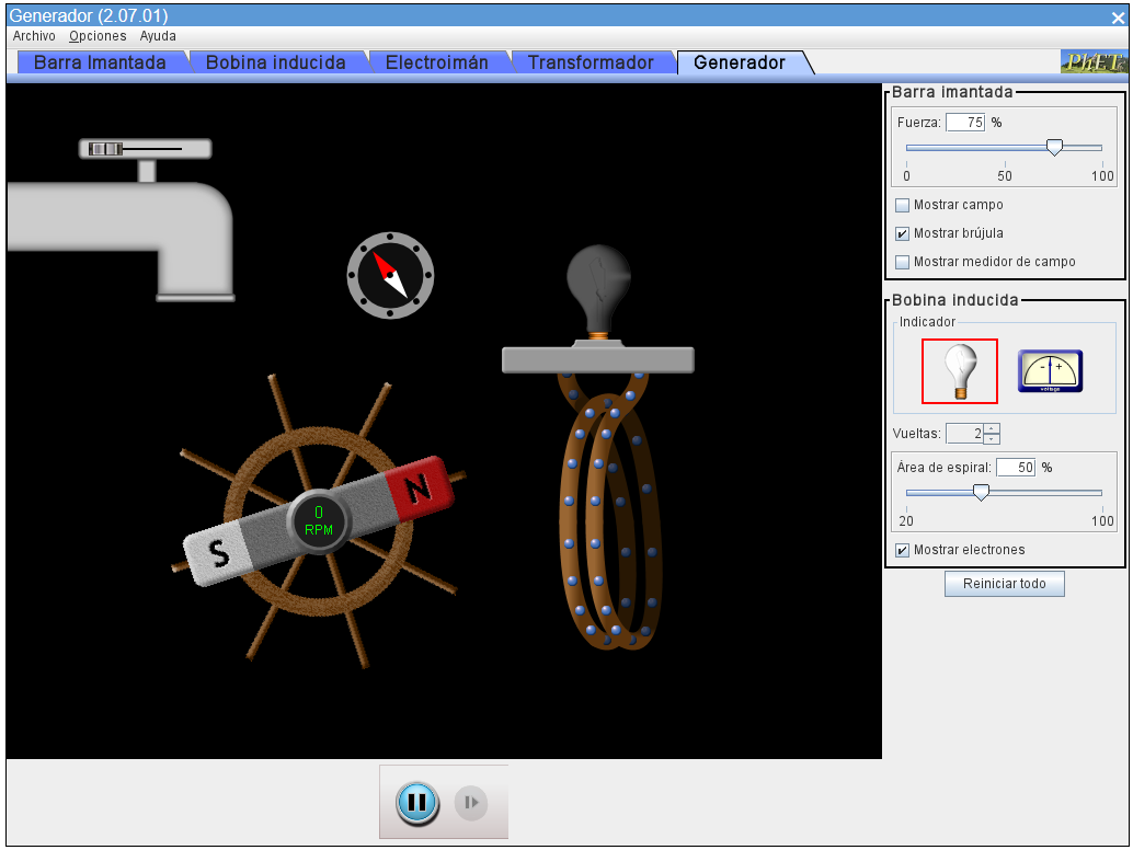 Captura de pantalla del simulador mostrando una canilla cerrada, un molino que contiene un imán de barra, una bobina asociada a una lamparita y una brújula.