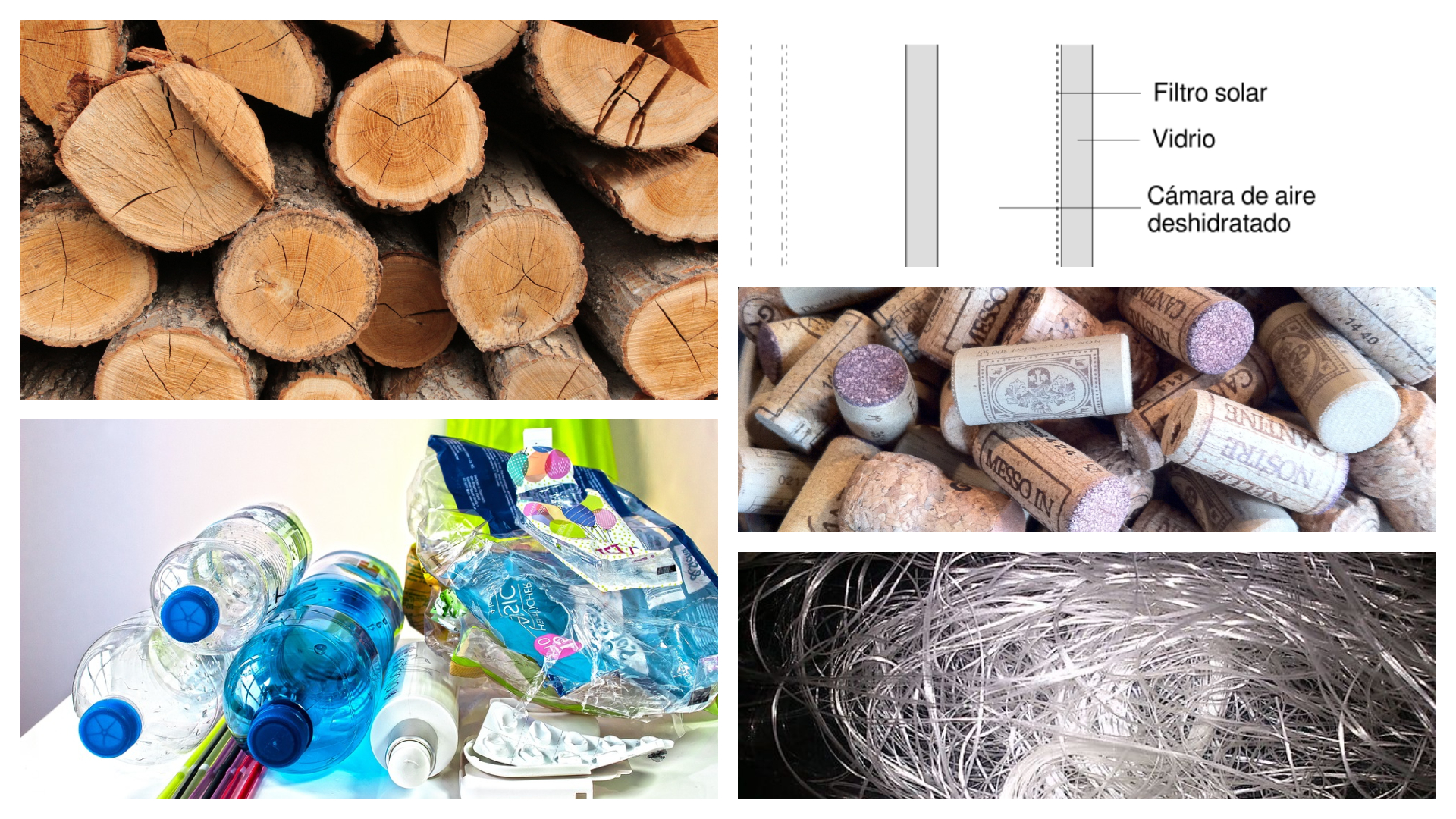 Imagen de materiales aislantes térmicos: madera, plástico, aire, corcho y fibra de vidrio