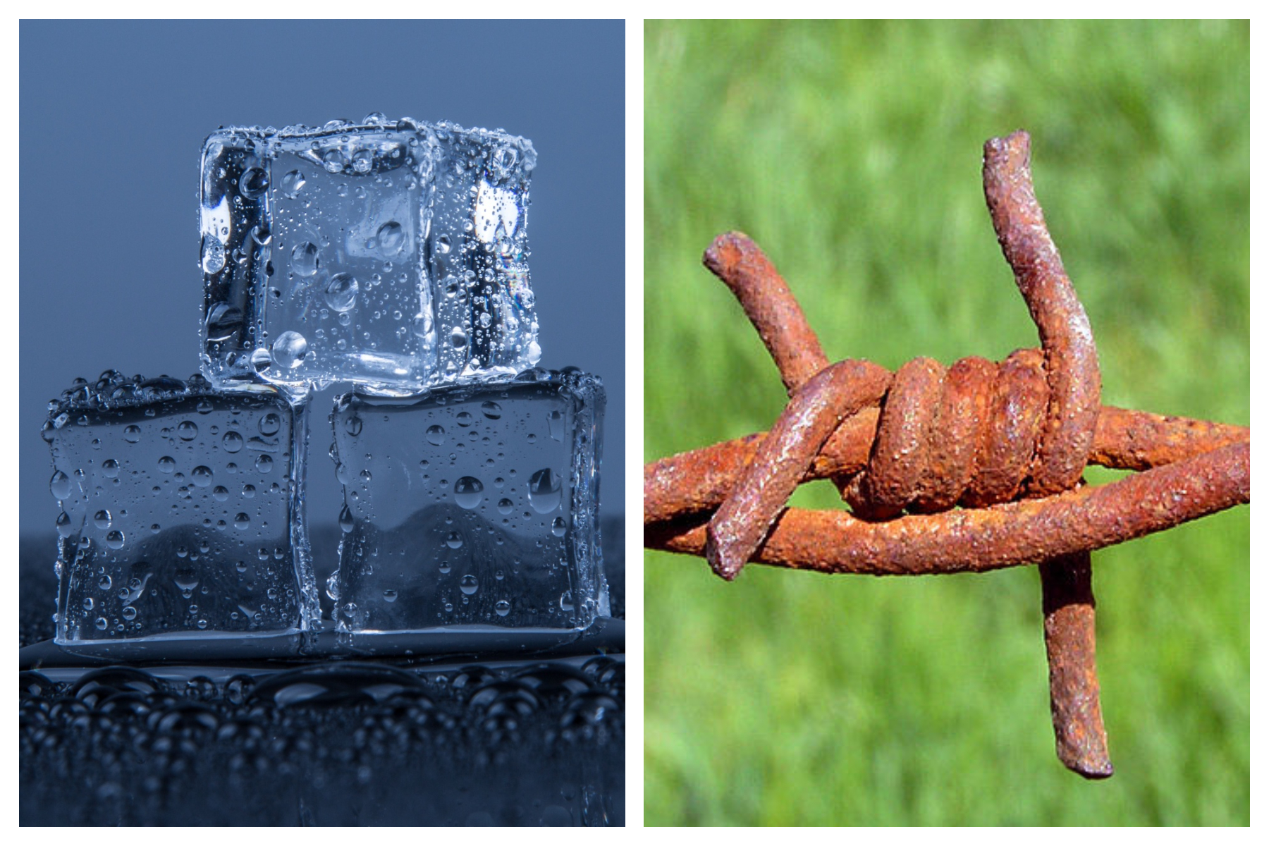 Imagen de cubitos de hielo fundiéndose y un alambre de hierro oxidado