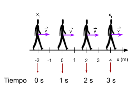 Persona moviéndose sobre una recta horizontal, desde la posición -2 metros hasta la posición 4 metros, se representó la posición de las personas en diferentes tiempos.