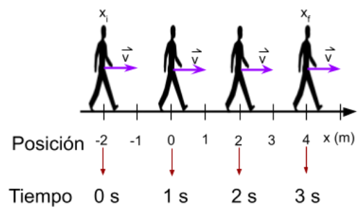 Persona moviéndose sobre una recta horizontal, desde la posición -2 metros hasta la posición 4 metros, se representó la posición de las personas en diferentes tiempos.