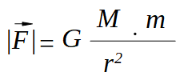 ecuación de gravitación universal: módulo de la fuerza gravitatoria es igual a la constante de gravitación universal por el producto de la masa de la Tierra M por la masa del otro cuerpo, dividido la distancia que los separa elevada al cuadrado.