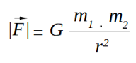 ecuación de gravitación universal: módulo de la fuerza gravitatoria es igual a la constante de gravitación universal por el producto de las masas de los cuerpos que interactúan dividido la distancia que los separa elevada al cuadrado.