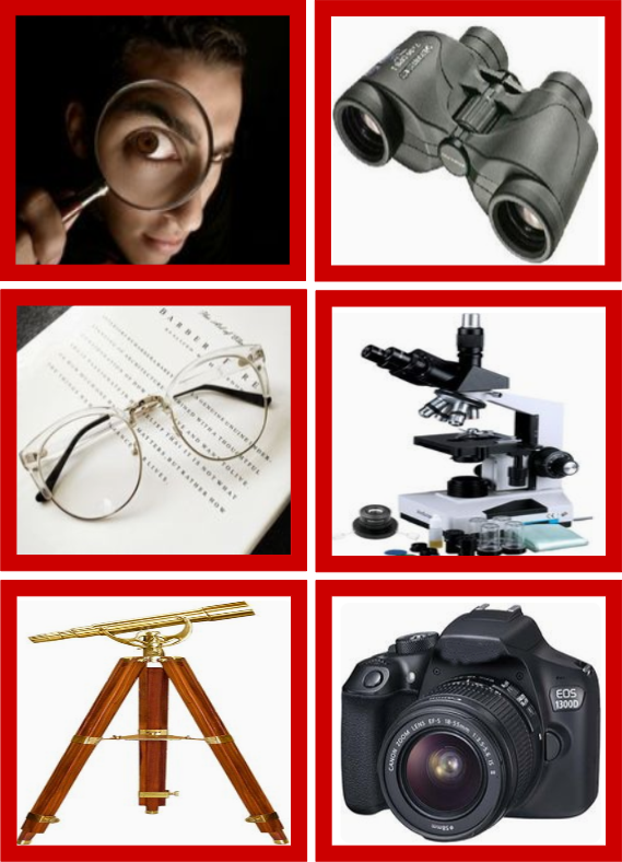 fotos de diferentes instrumentos que utilizan lentes, lupa, binoculares, gafas, microscopio, telescopio y cámara de fotos