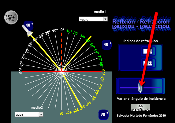 captura de pantalla del simulador que muestra el lugar para modificar el ángulo de incidencia